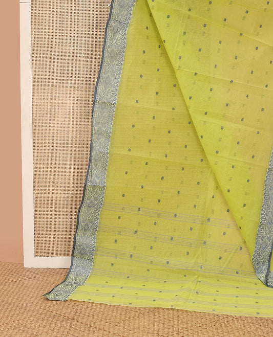 Lemon yellow motifs bengal cotton saree with contrast floral design border & striped, floral motifs pallu