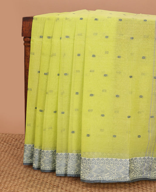 Lemon yellow motifs bengal cotton saree with contrast floral design border & striped, floral motifs pallu