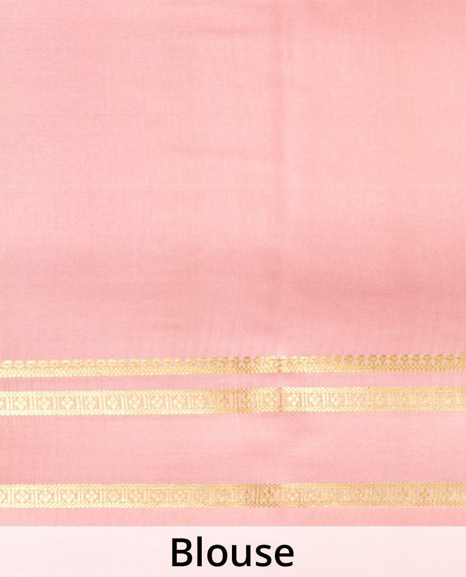 Blue Mysore Silk Saree Delicately Woven with Zari Buttas, Complemented by a Contrast Border Featuring Traditional Zari Designs, Pallu Steeped with Zari Stripes, and Paired with a Contrast Blouse