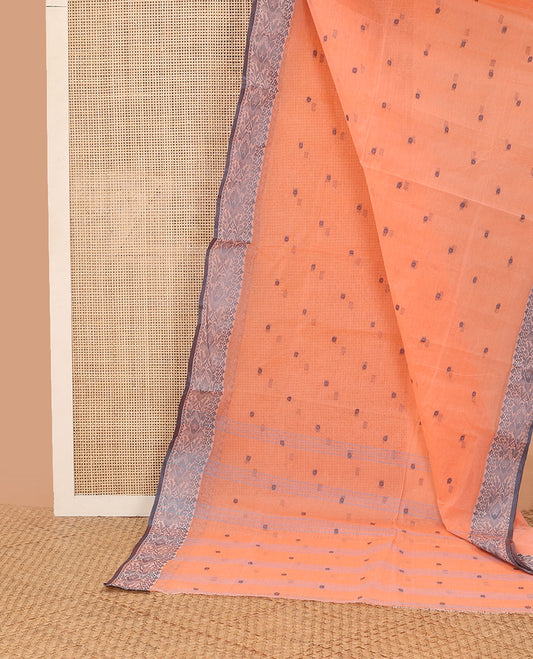Peach motifs bengal cotton saree with contrast floral design border & striped, floral motifs pallu
