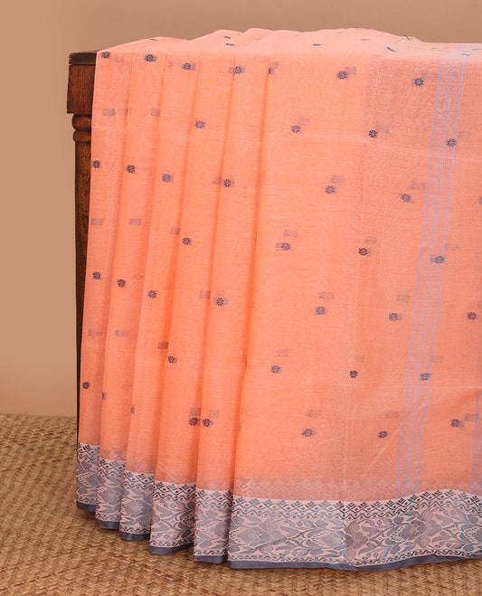 Peach motifs bengal cotton saree with contrast floral design border & striped, floral motifs pallu