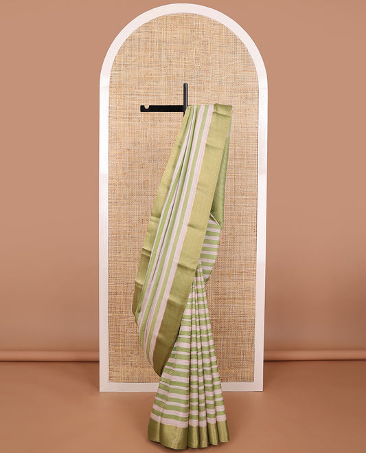 Green and white stripes mysore silk saree with contrast intricate design border & striped floral design pallu