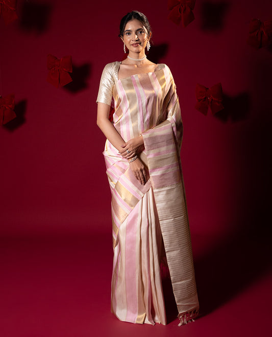 Borderless multi-color thazampoo rekku zari woven Kanchipuram silk saree, zari-rich pallu of seppu rekku designs