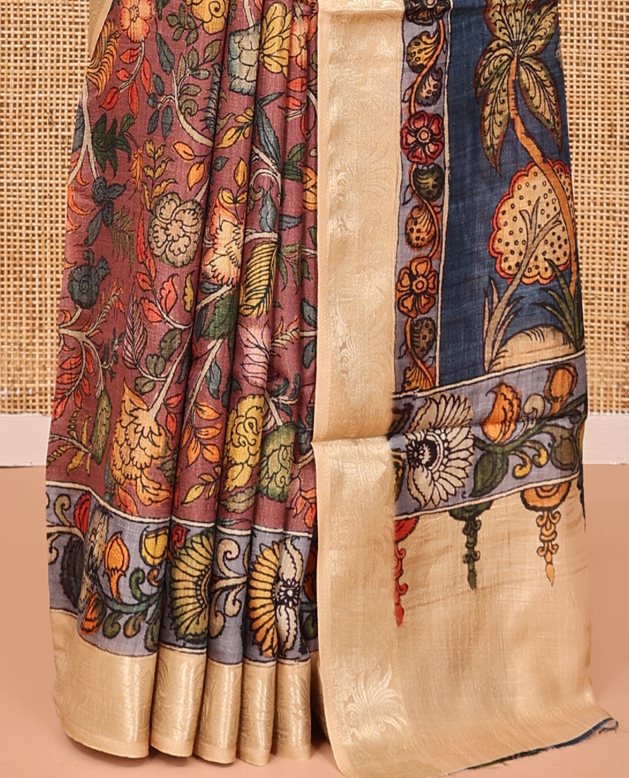 Brown Kalamkari Saree, Embellished with Floral Vine Print, Complemented by Contrast Zari Border, Pallu of Lord Krishna Print, and a Contrast Blouse