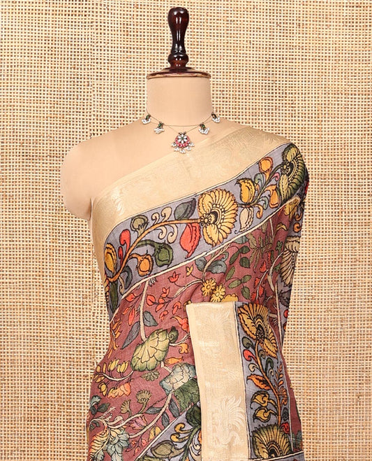 Brown Kalamkari Saree, Embellished with Floral Vine Print, Complemented by Contrast Zari Border, Pallu of Lord Krishna Print, and a Contrast Blouse