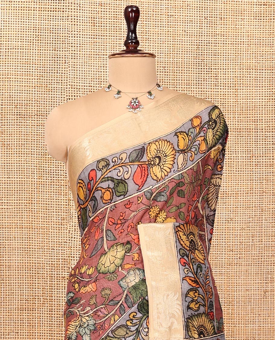 Brown Kalamkari Saree, Embellished with Floral Vine Print, Complemented by Contrast Zari Border, Pallu of Lord Krishna Print, and a Contrast Blouse