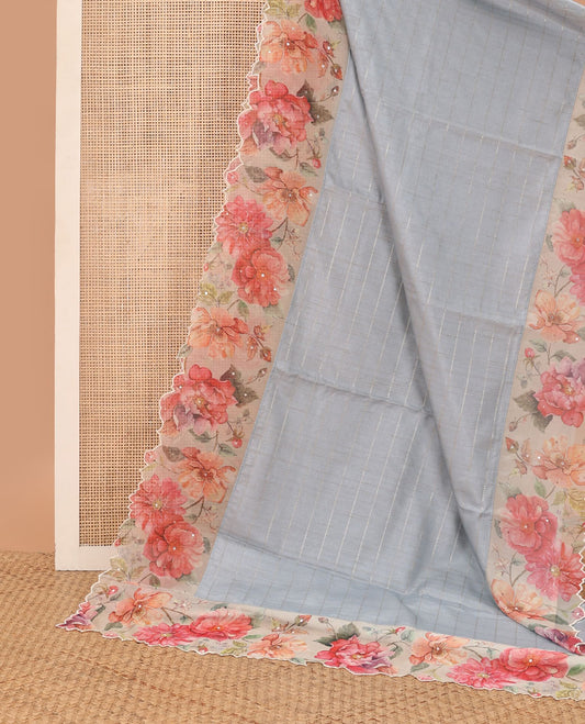 Grey striped tussar silk saree with self floral design, sequins embroidery, scallop border & floral design, sequins embroidery pallu