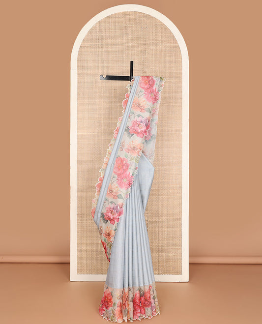 Grey striped tussar silk saree with self floral design, sequins embroidery, scallop border & floral design, sequins embroidery pallu