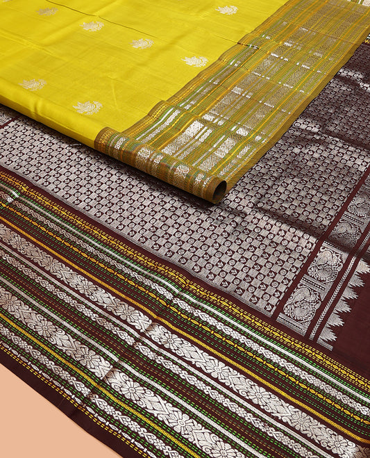 Yellow bird zari buttas Venkatagiri silk saree, contrast floral design border, and pallu of buttas and checks