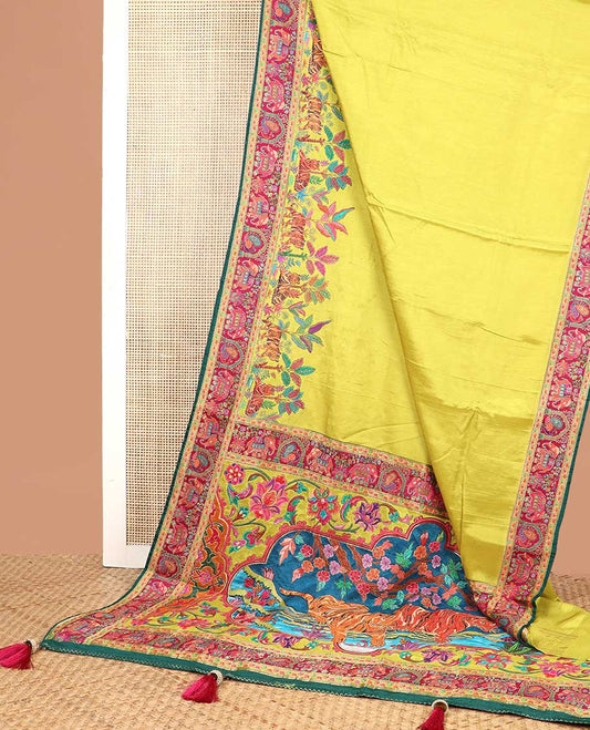 Mustard forest theme design dola saree  with contrast elephant design border & forest theme design pallu