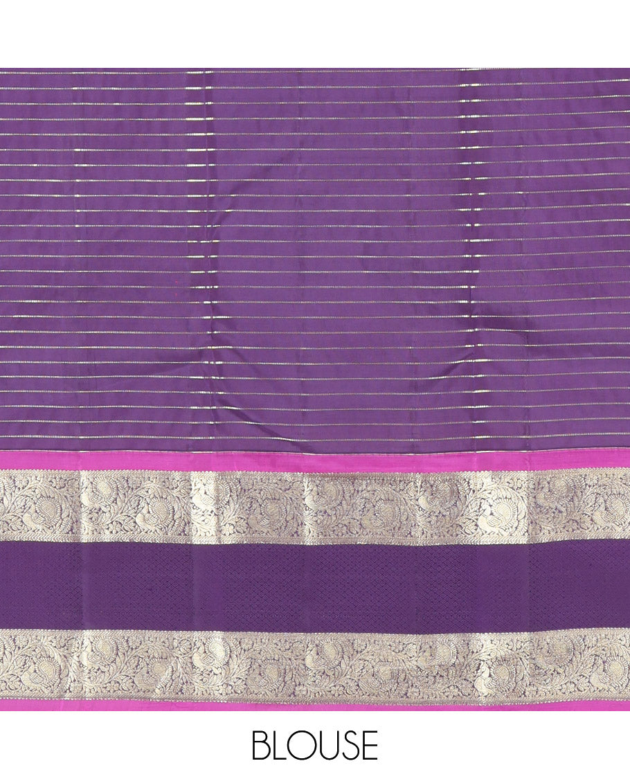 Magenta Vasundhara Silk Saree, Enriched with Vaira Oosi Checks, Complemented by Contrast Rettai Pettu Border of Kodi Mayil Designs, Elegantly Woven Pallu of Jaal Designs, and Paired with a Contrast Blouse