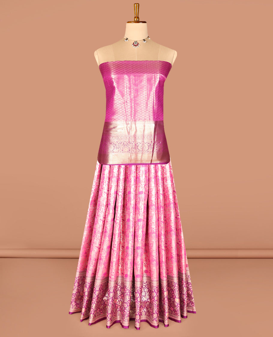 Pink Art Silk Half-Saree, Decorated with Jacquard Design, Contrast Floral Zari Border, Paired with a Contrast Jacquard Blouse, and an Intricate Dhavani