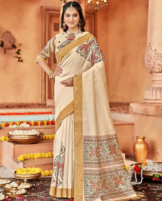 Cream Colorful Madhubani designer catalog saree, bavanji border, and pallu features Madhubani print