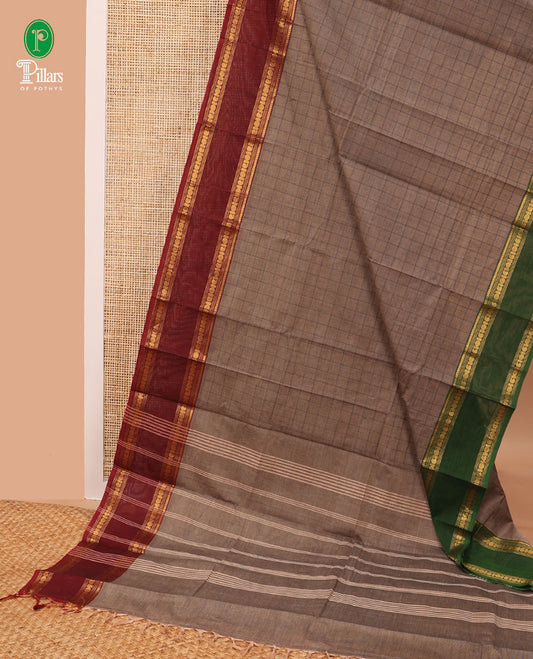 Grey checked chettinad cotton saree with contrast zari design, ganga jamuna border