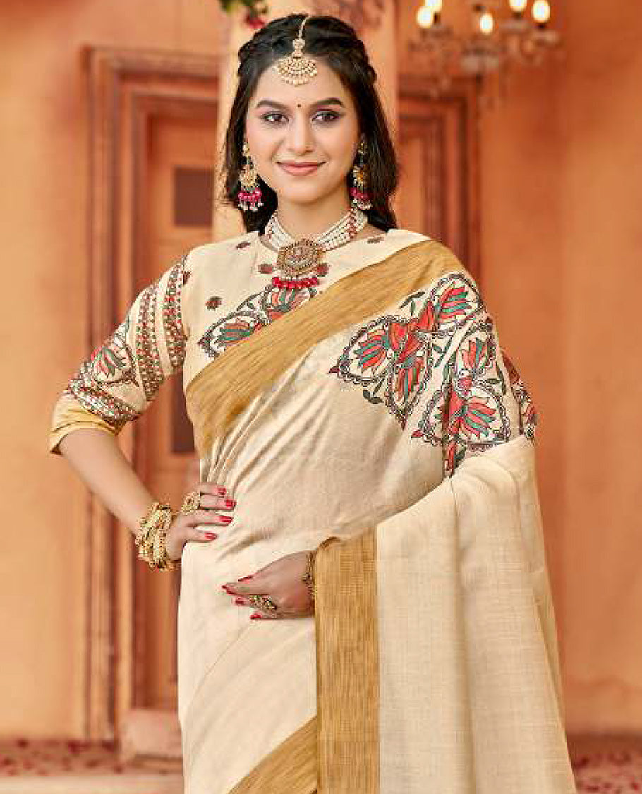 Cream Colorful Madhubani designer catalog saree, bavanji border, and pallu features Madhubani print