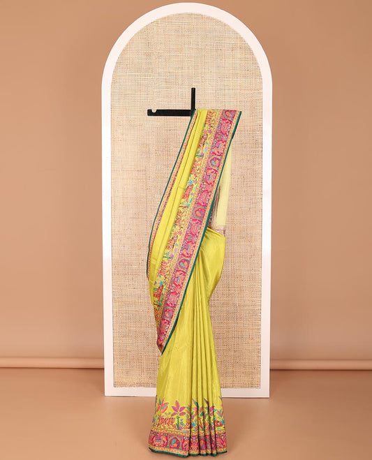 Mustard forest theme design dola saree  with contrast elephant design border & forest theme design pallu