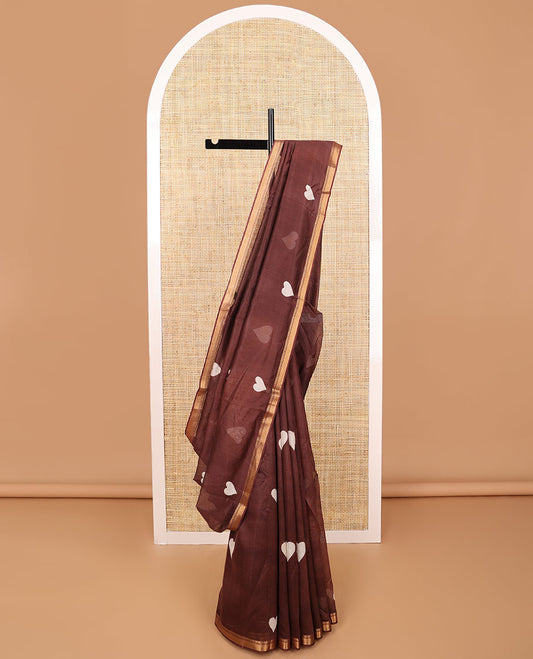 Brown heart motifs chanderi cotton saree with self zari border & striped zari pallu