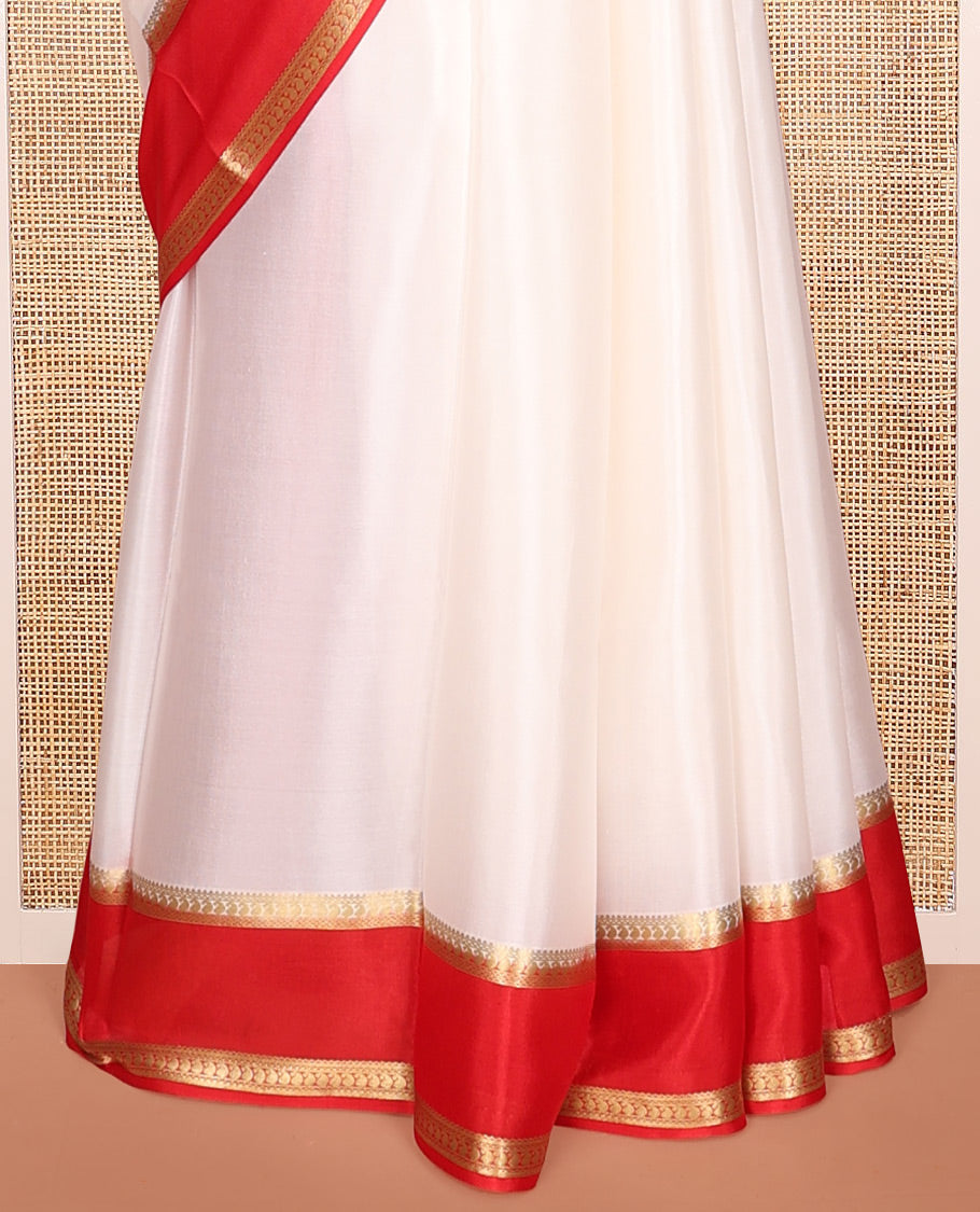 White Plain Mysore Silk Saree, Complemented by a Contrast Traditional Zari Border, Zari Design Pallu, and a Contrast Blouse