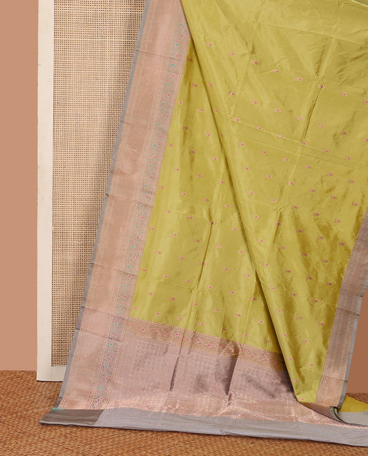 Green meena buttas katan silk saree, contrast tarditional border of meenakari floral designs, and jaal pallu