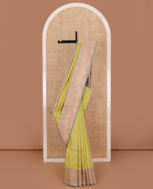 Green meena buttas katan silk saree, contrast tarditional border of meenakari floral designs, and jaal pallu