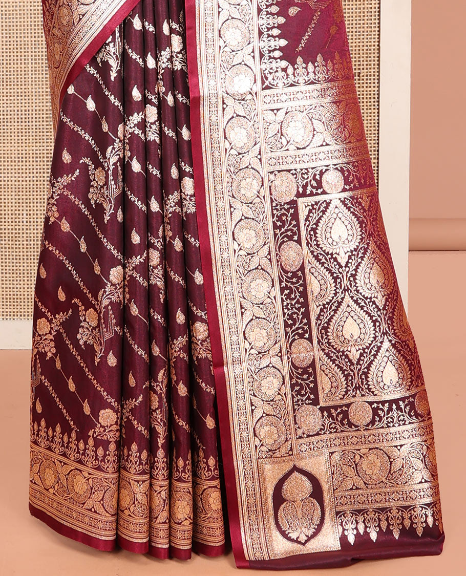 Wine Banarasi Nylon Saree, Prettified with Zari Designs, Highlighted by a Floral Creeper Zari Border, Intricate Pallu, and a Matching Blouse