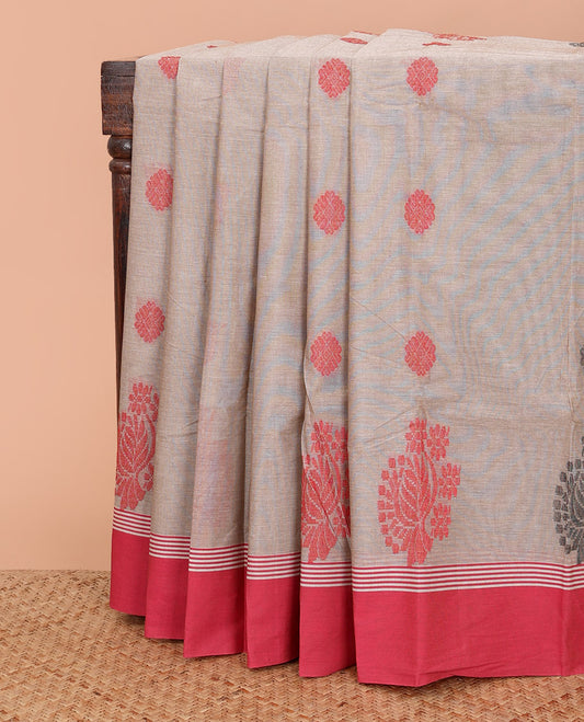 Brown buttas Kanchi cotton saree, contrast plain border, and pallu of jaal designs