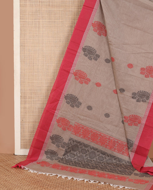 Brown buttas Kanchi cotton saree, contrast plain border, and pallu of jaal designs