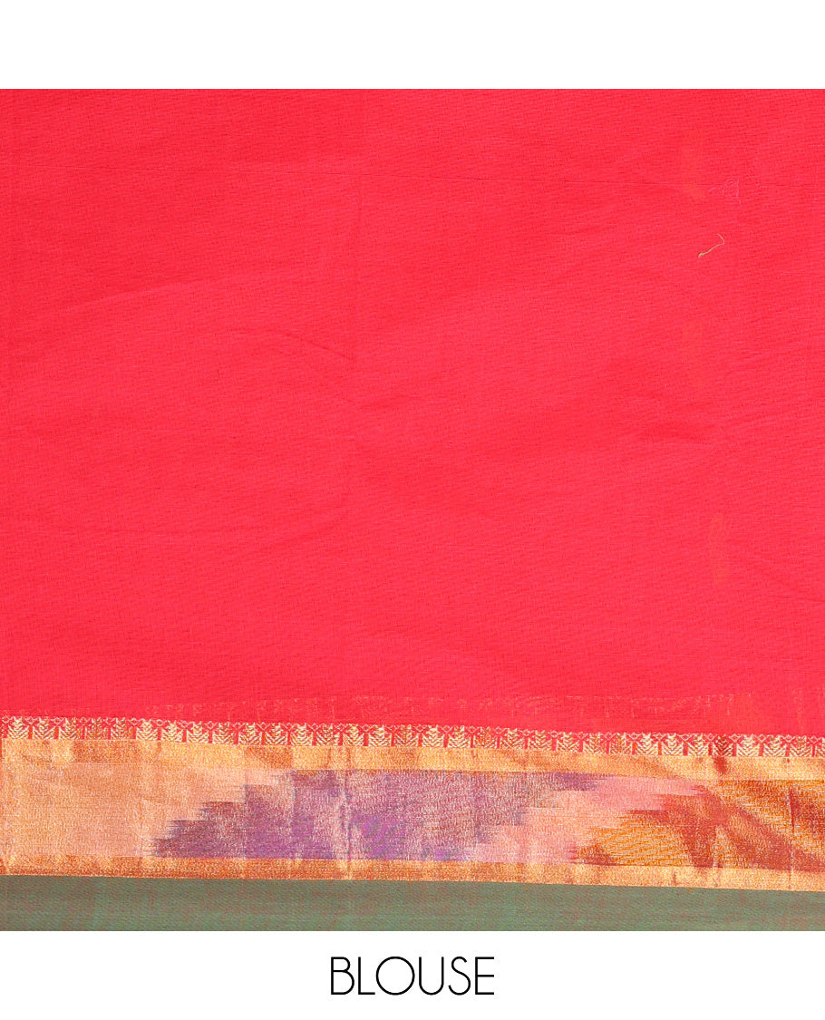 Red buttas kanchi cotton saree, contrast ikkat style border of traditional motifs, and pallu of paisleys