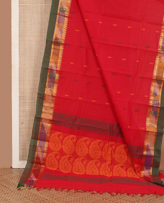 Red buttas kanchi cotton saree, contrast ikkat style border of traditional motifs, and pallu of paisleys
