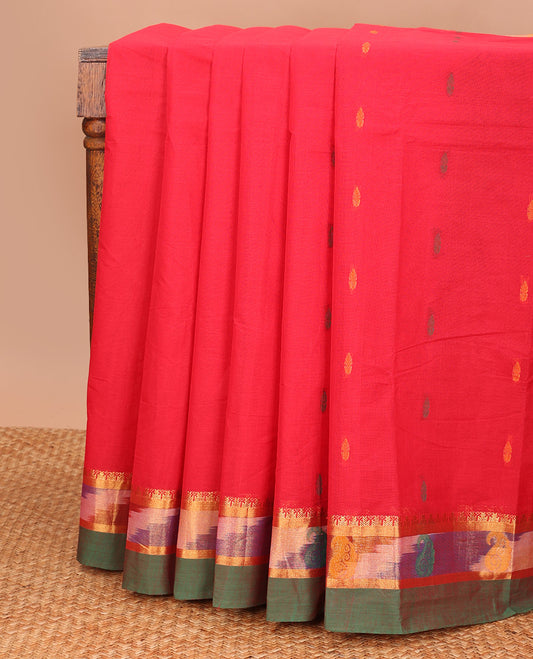 Red buttas kanchi cotton saree, contrast ikkat style border of traditional motifs, and pallu of paisleys