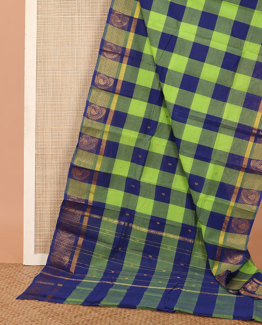 Multi-color checked Chettinad cotton saree, traditional design border, and pallu of butas, and stripes