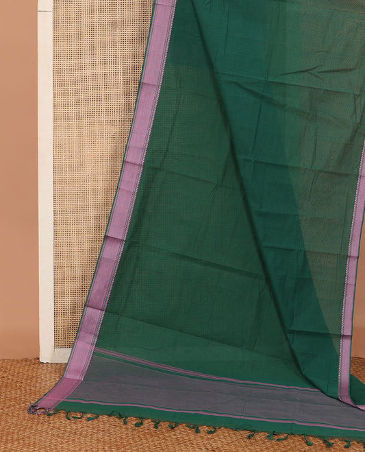 Green sparesly striped Mangalagiri Cotton saree, traditional motifs rose copper zari border, plain pallu, and contrast kalamkari floral printed blouse
