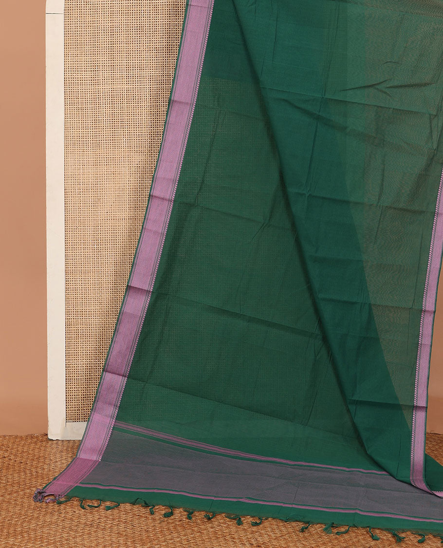 Green sparesly striped Mangalagiri Cotton saree, traditional motifs rose copper zari border, plain pallu, and contrast kalamkari floral printed blouse