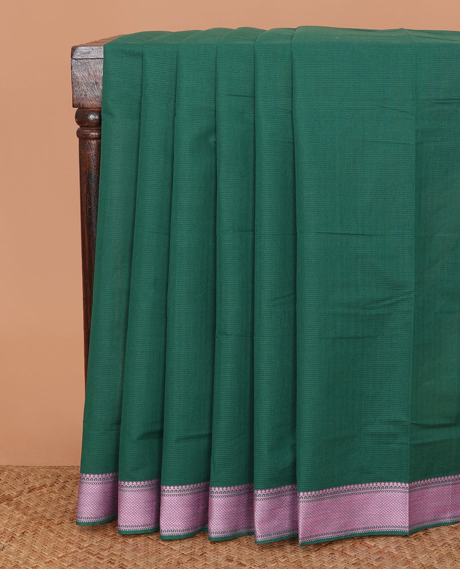 Green sparesly striped Mangalagiri Cotton saree, traditional motifs rose copper zari border, plain pallu, and contrast kalamkari floral printed blouse