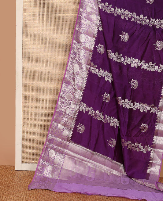 Purple floral buttas, and diagonal striped silk saree, contrast traditional zari border of floral creeper design & Mughal floral design pallu
