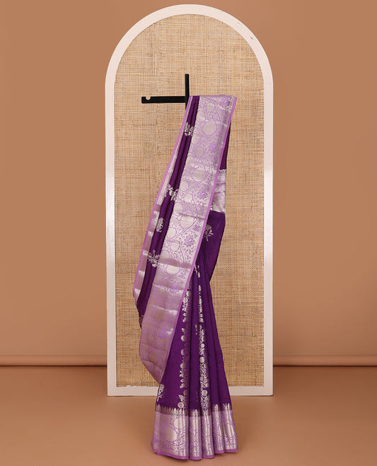 Purple floral buttas, and diagonal striped silk saree, contrast traditional zari border of floral creeper design & Mughal floral design pallu