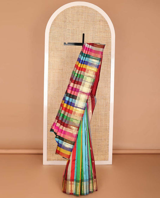 Multi -color striped, floral buttas kancheepuram silk saree with contrast border of thilakam mokku, muthu, banaras design & zari design pallu