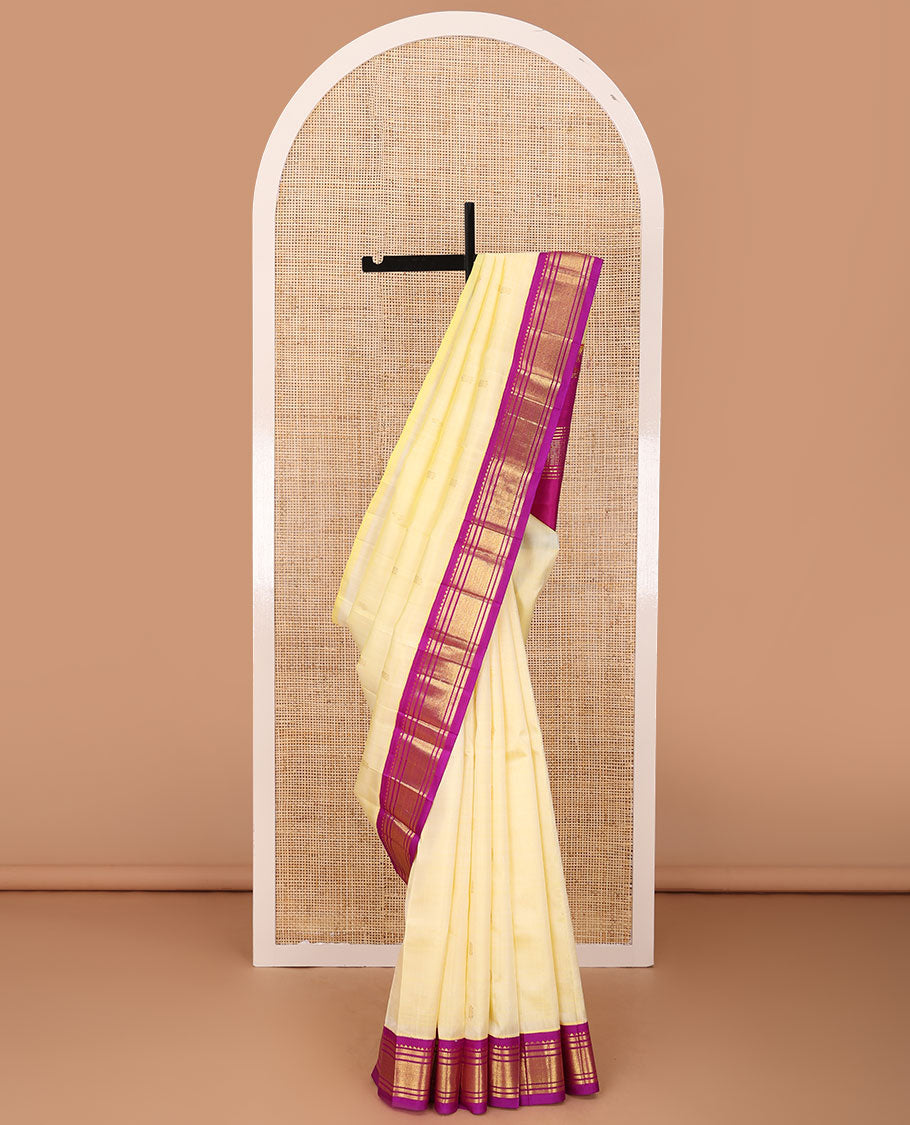 Yellow zari buttas Kanchipuram silk saree, contrast korvai one-sided border of rekku,banaras & jaal & zari design pallu