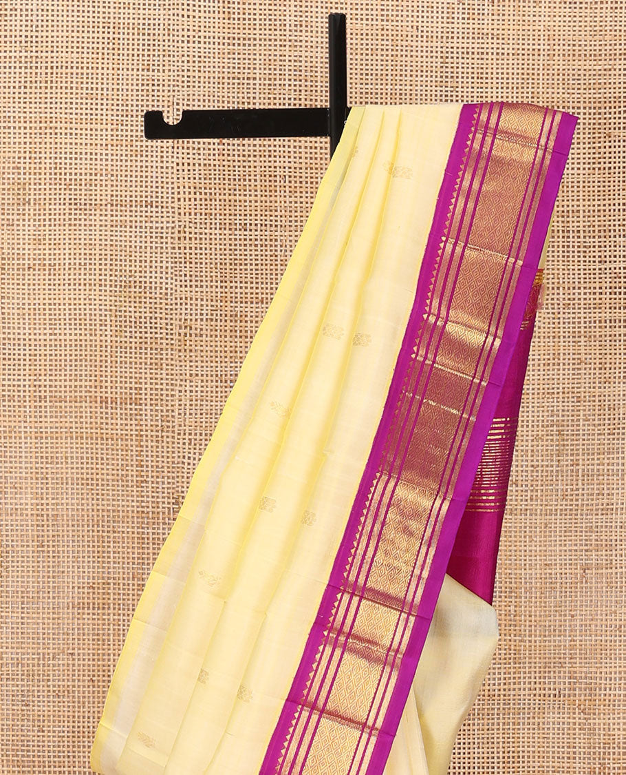 Yellow zari buttas Kanchipuram silk saree, contrast korvai one-sided border of rekku,banaras & jaal & zari design pallu