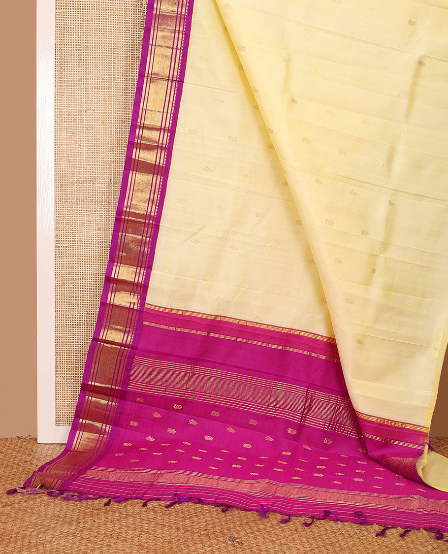Yellow zari buttas Kanchipuram silk saree, contrast korvai one-sided border of rekku,banaras & jaal & zari design pallu