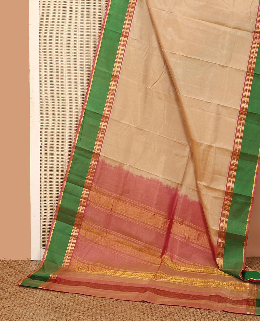Sandal plain Kanchipuram silk saree, contrast rettai pettu border of rekku, neli, poun, star vanki, and banaras designs, and zari design pallu