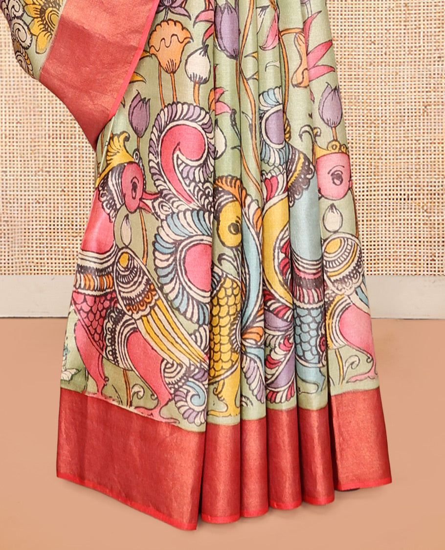 Green Floral-Peacock Pen Kalamkari Silk Saree, a Contrast Border, Human Motifs Pallu, Contrast Blouse