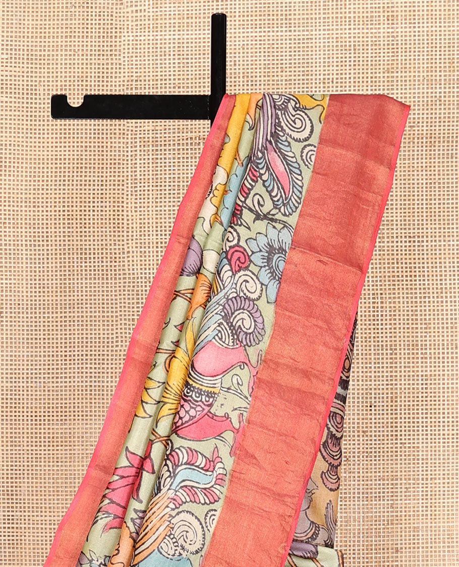 Green Floral-Peacock Pen Kalamkari Silk Saree, a Contrast Border, Human Motifs Pallu, Contrast Blouse