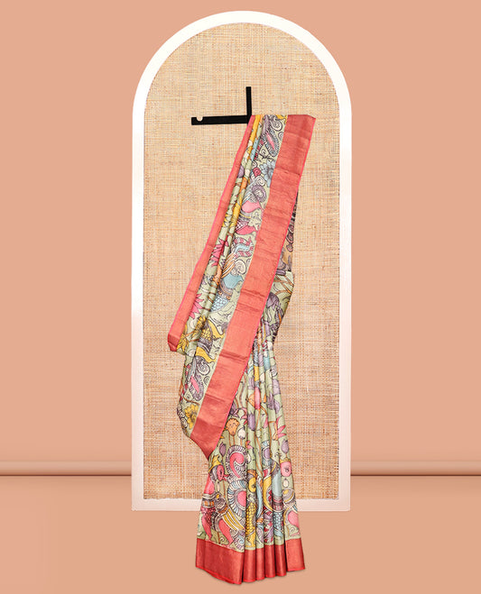 Green Floral-Peacock Pen Kalamkari Silk Saree, a Contrast Border, Human Motifs Pallu, Contrast Blouse