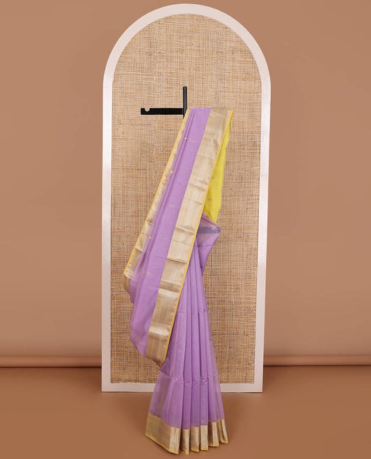 Lavender motifs maheshwari cotton saree with contrast zari border & floral motifs pallu