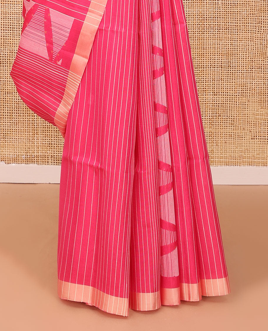 Pink stripes & triangle motifs soft silk saree, zari border & geometric patterned pallu