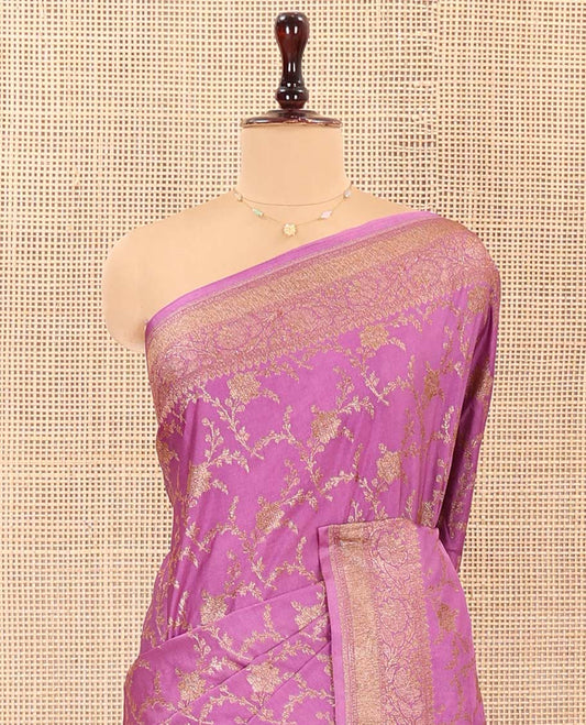Pink Mushru Silk Saree, Prettified with Floral Jaal Jacquard Design on Its Body, Subtly Sparkled Zari Border of Floral Creeper Designs, Mughal-Style Pallu of Floral Bouquet Designs, and Paired with a Matching Blouse