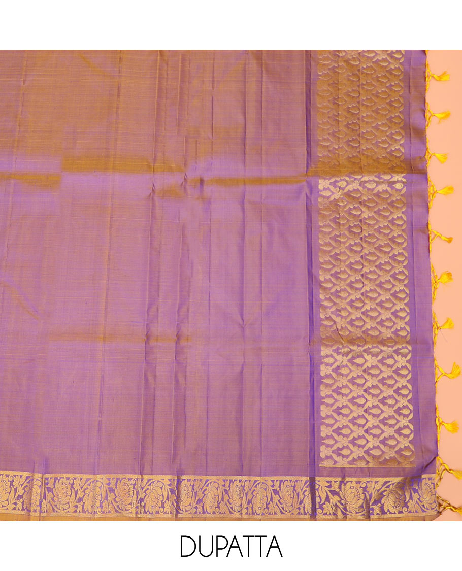 Blue zari design pure-silk half-saree with contrast border of floral-paisley zari designs, contrast zari bordered blouse, and a dhavani of jaal designs