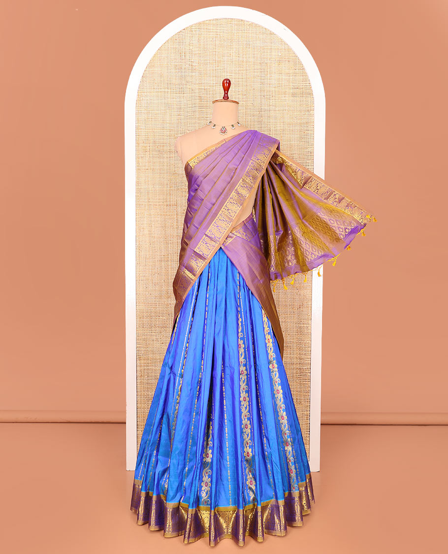 Blue zari design pure-silk half-saree with contrast border of floral-paisley zari designs, contrast zari bordered blouse, and a dhavani of jaal designs