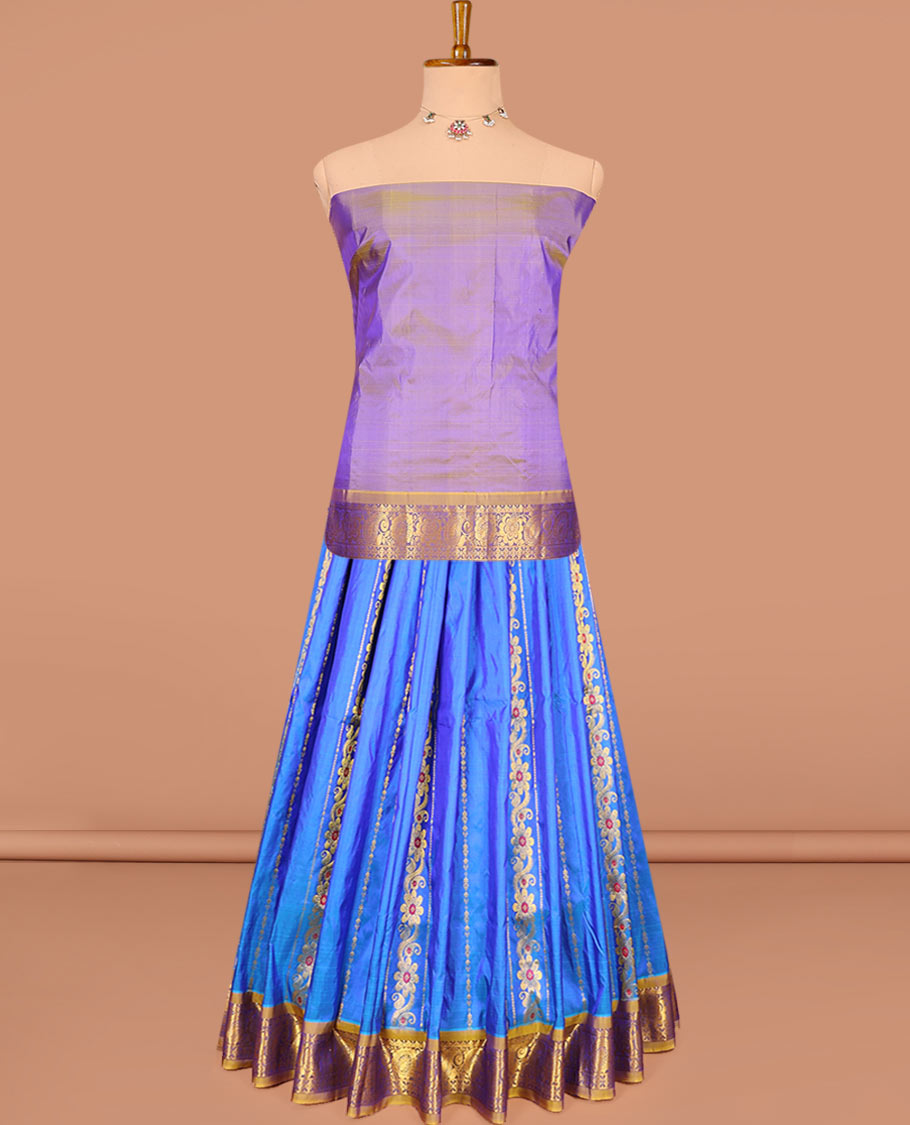 Blue zari design pure-silk half-saree with contrast border of floral-paisley zari designs, contrast zari bordered blouse, and a dhavani of jaal designs